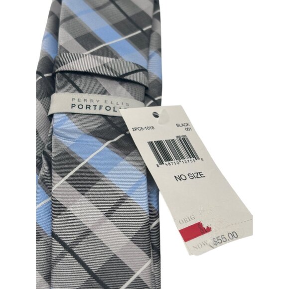 Perry Ellis Portfolio Plaid Silk Necktie, Black (gray), OS - Picture 6 of 7